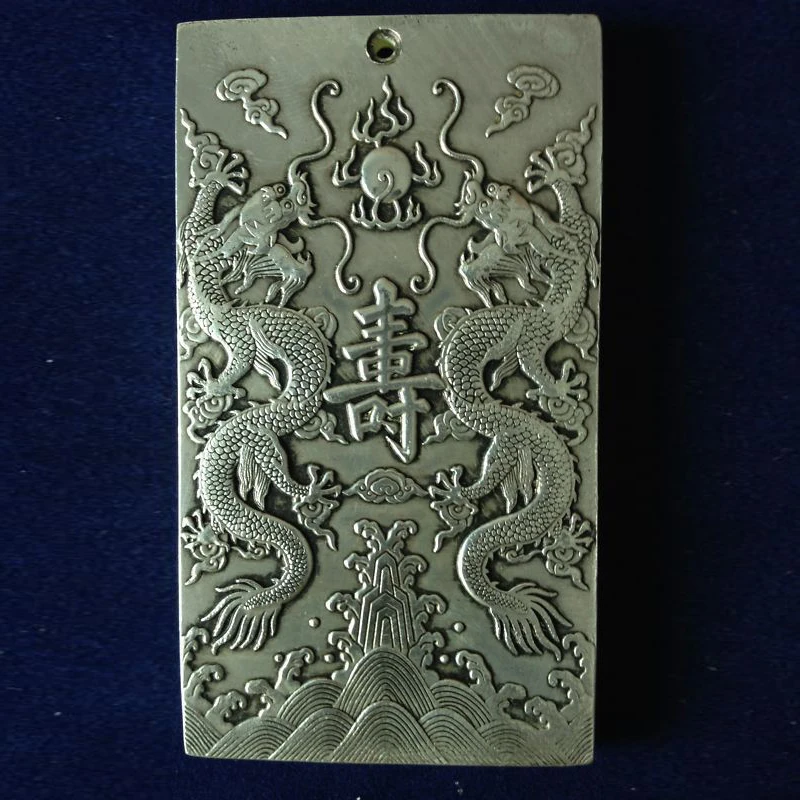 

Exquisite Chinese Tibetan Silver Double Dragons " Shou" Embossment Statue Auspicious Amulet Plate 133 g