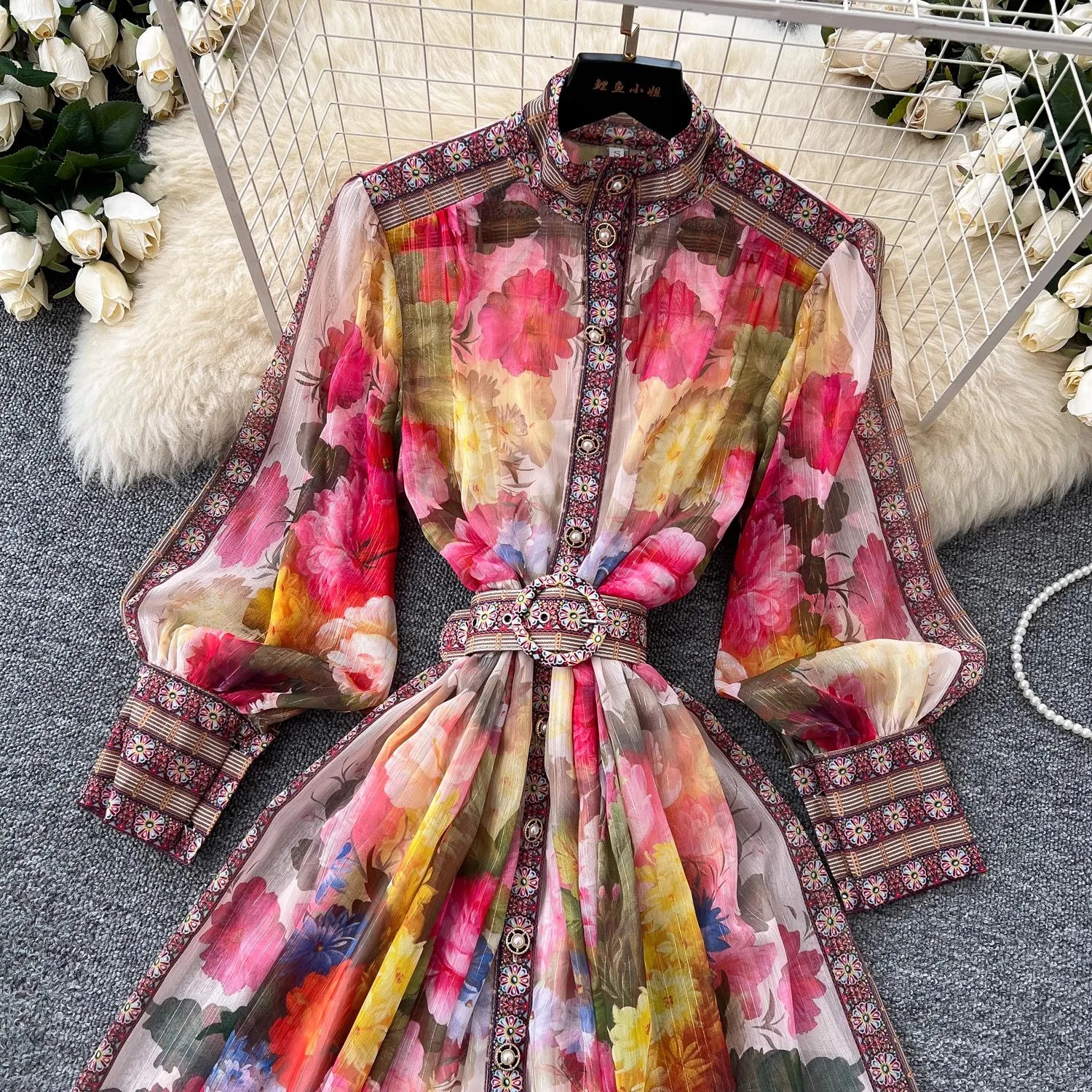 Spring Bright Silk Gorgeous Flower Chiffon Dress Women's Stand Long Lantern Sleeve Floral Print Belt Loose A Line Robe Vestidos