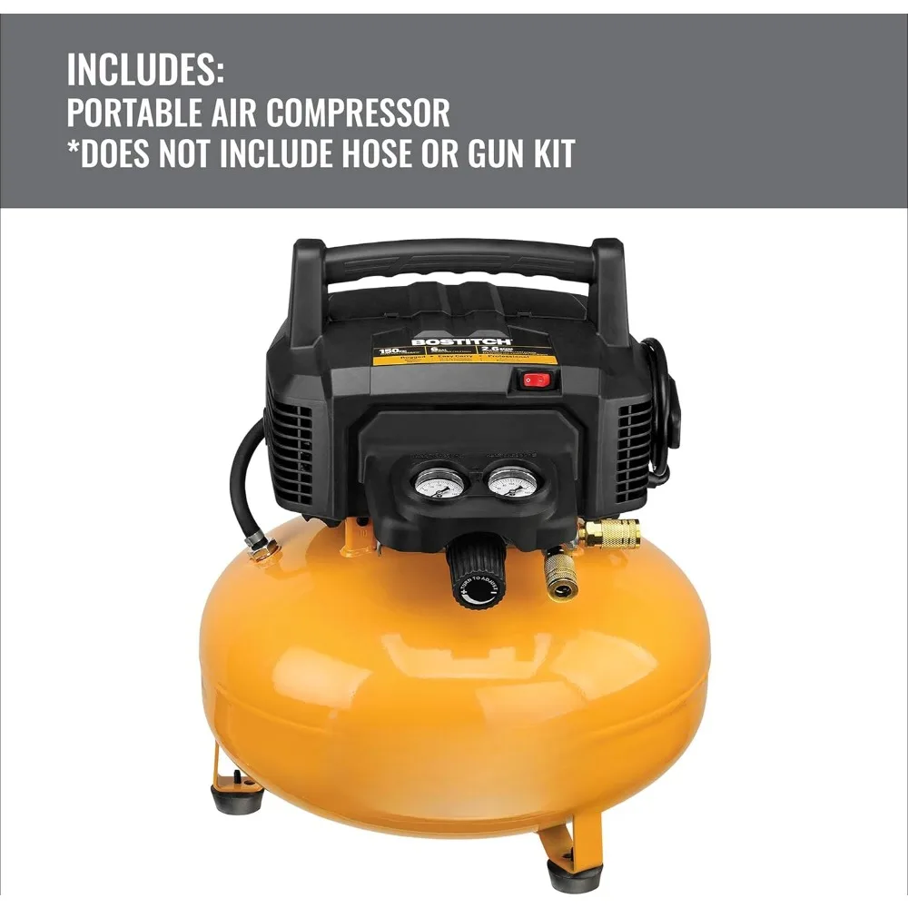 Air compressor kit, oil-free, 6 gallons, 150 PSI High flow regulators and bicouplers maximize the performance of pneumatic tools