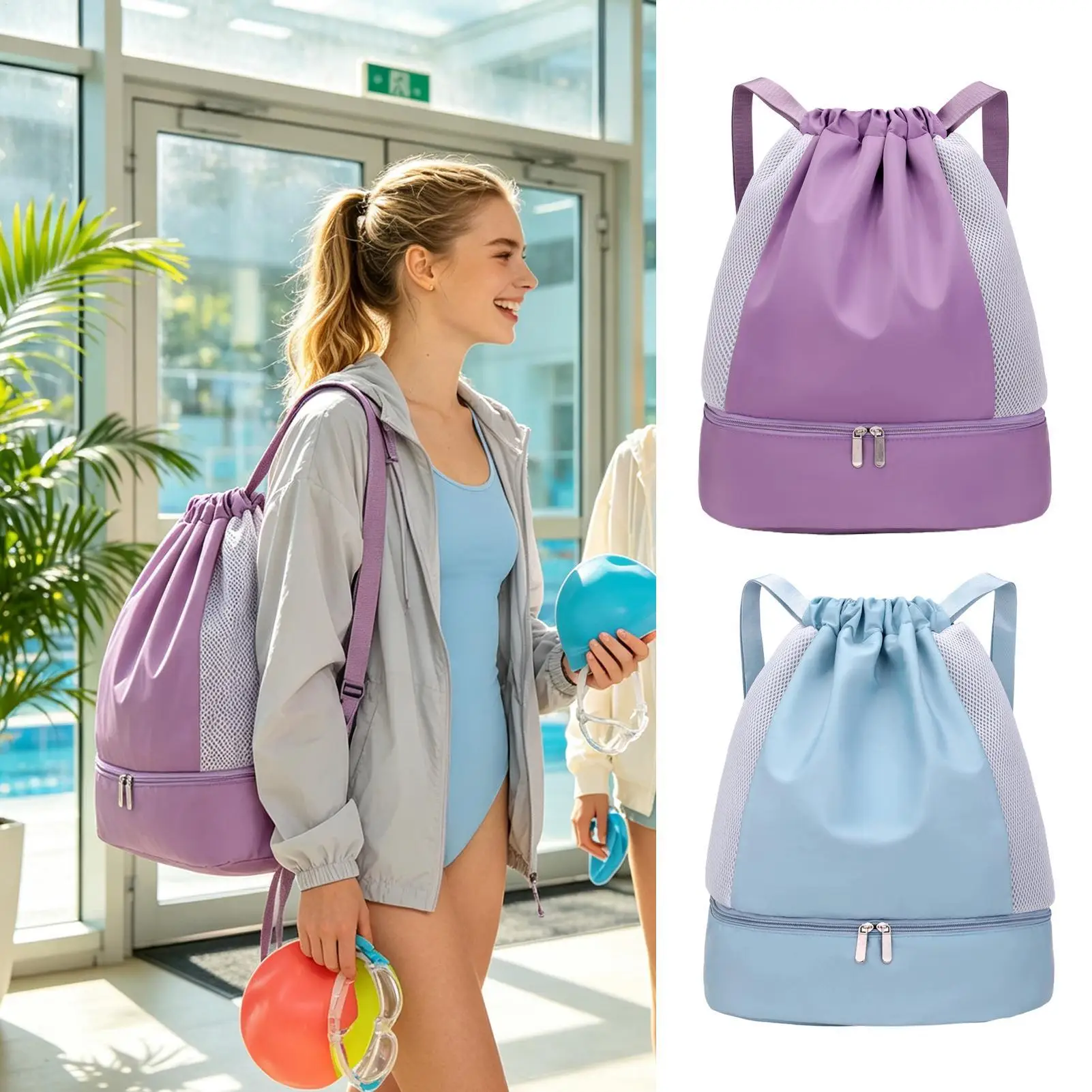 Drawstring Backpack Mesh Waterproof Lightweight Large Capacity Pouch Swimming Beach Sports Gym Bags for Women Men Teens