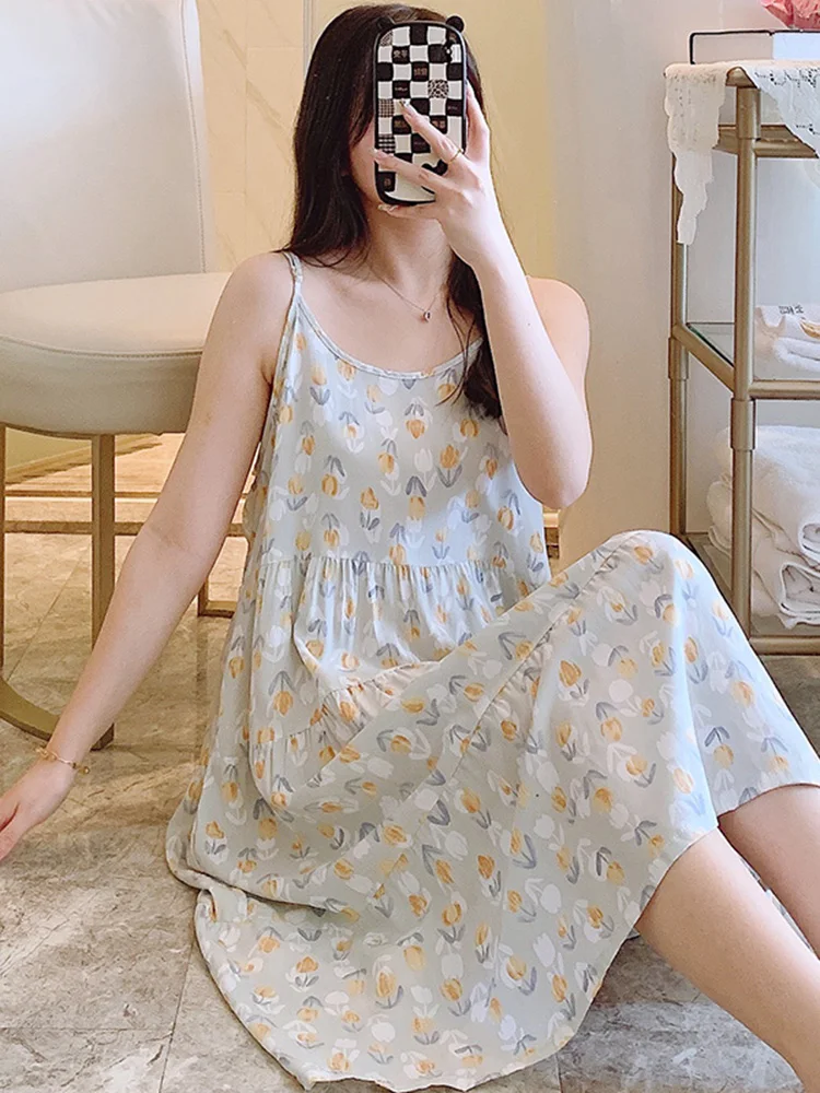 

plus Size Silk Cotton Sp Dr Summer Cute Home Clothes Women's Strap Dr Large Size Spwear New 2025 Printed round Ne