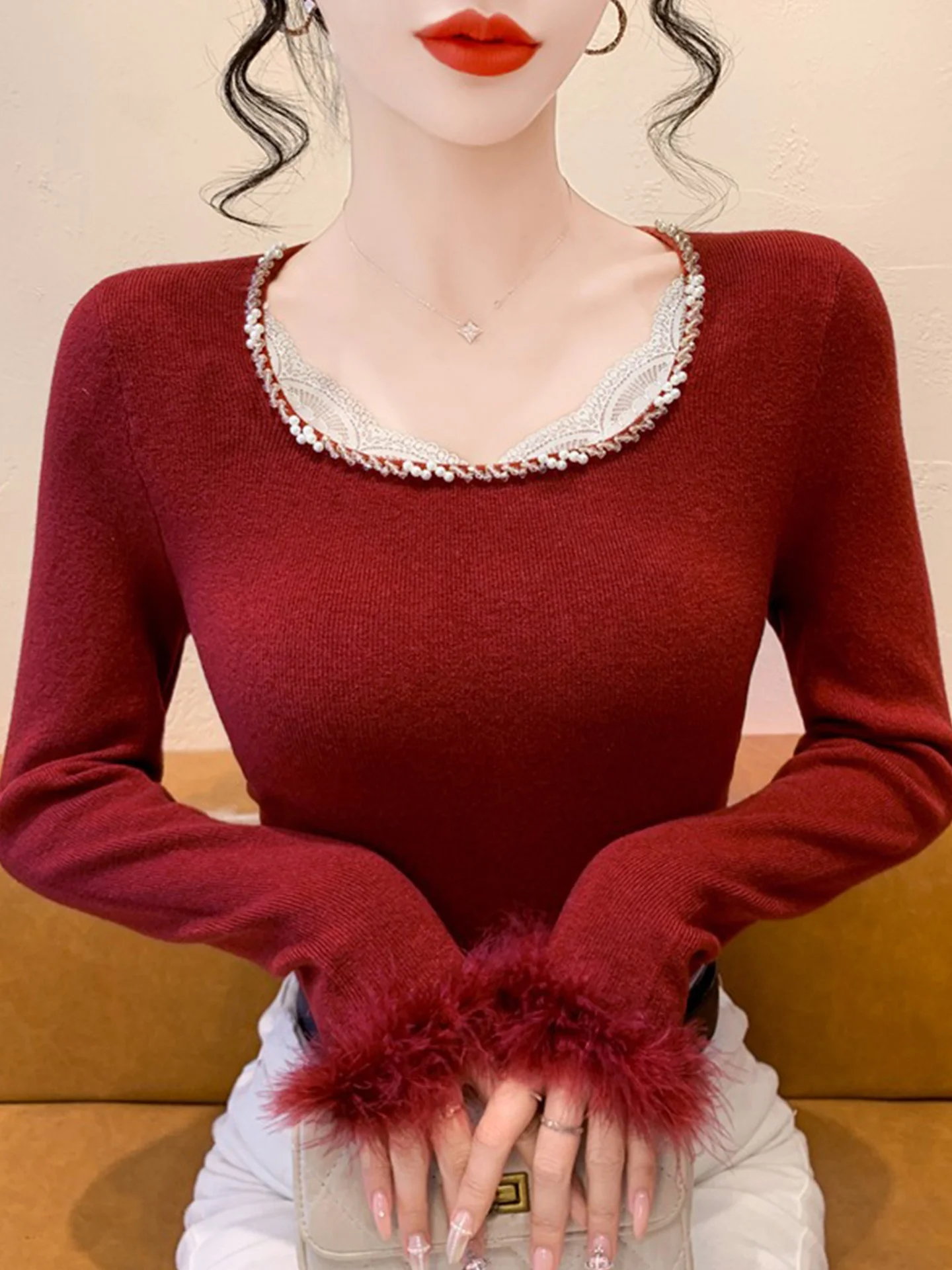 Plissado sve camisola de malha feminina fino ajuste longo sve gola quadrada roupa interior rendas retalhos outono inverno novo sle