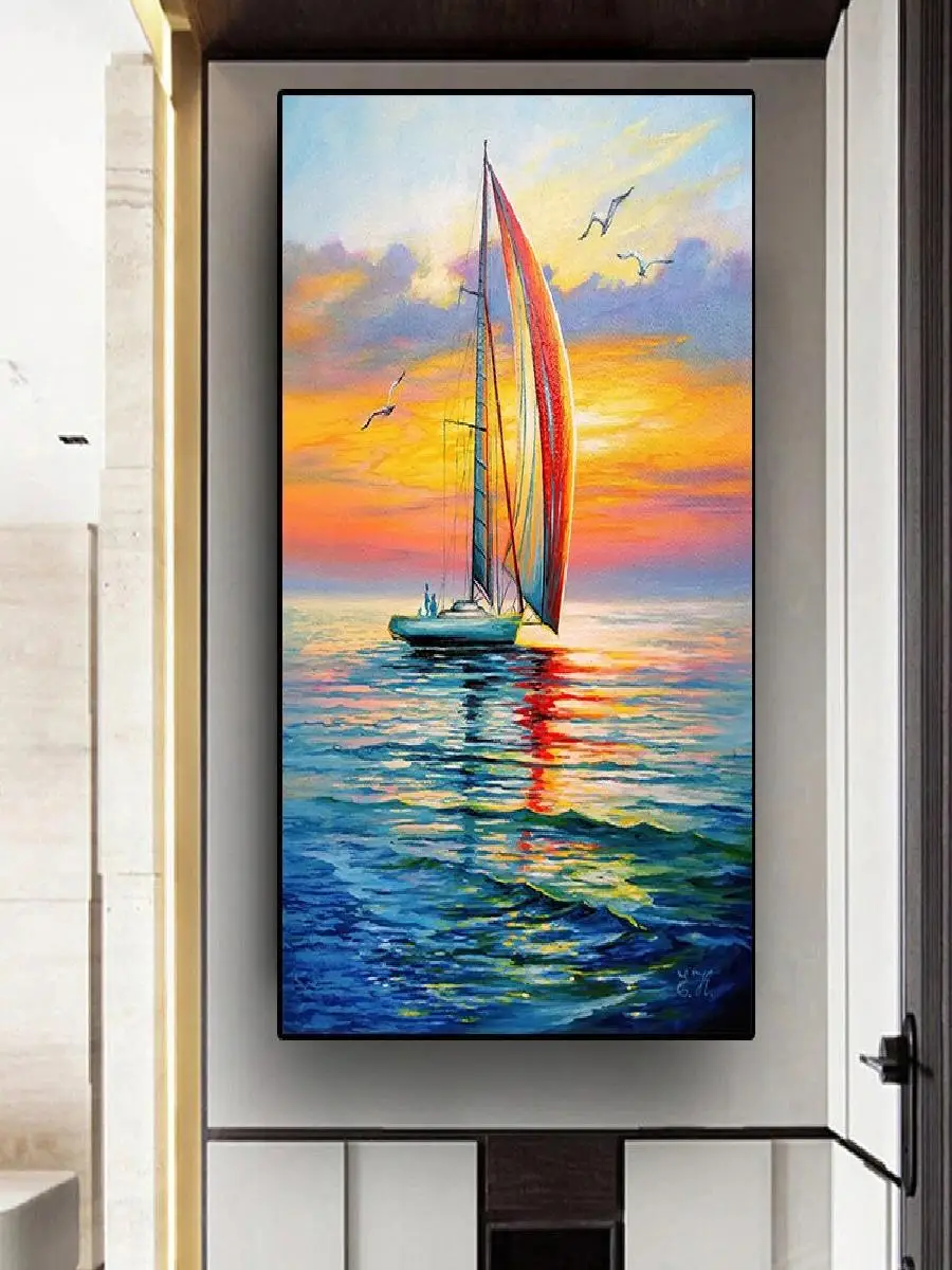 Nordic Vintage Nautical Oil Painting Seascape Canvas Print Sailboat Wall Art Decor for Home