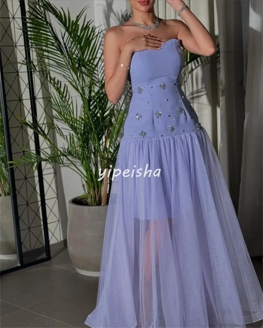 Personalizado clássico elegante jérsei strass plissado a linha sem alças vestidos longos sob medida vestidos de ocasião de alta qualidade correspondência