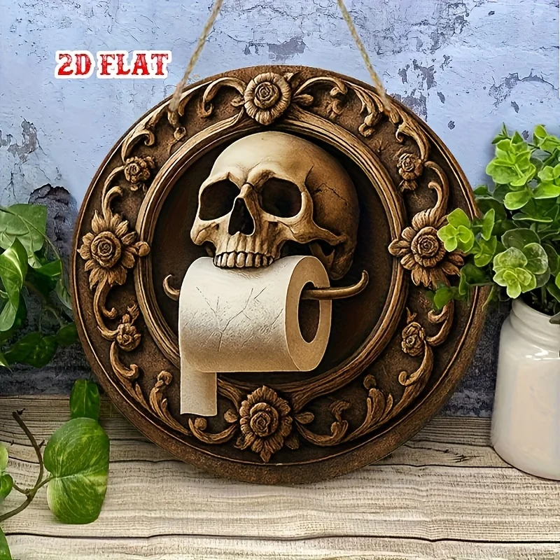 2D Flat Wooden Decor 1pc - Gothic Style Skull Floral Wooden Wall Hanging Sign - Country Style Round Sign, Deep Aesthetic Decor,