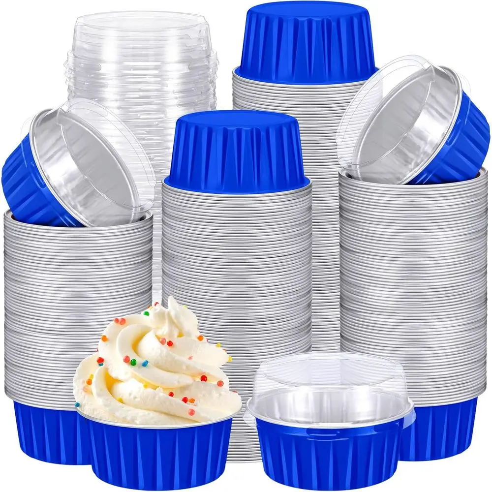 

5 oz Dark Blue Aluminum Foil Baking Cups with Lids - Disposable Ramekins for Mini Cakes, Cupcakes, and Desserts