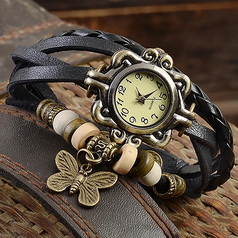 

2023 Women's Casual Vintage Multilayer Butterfly Faux Leather Bracelet Wrist Watches Ladies Female Clock Montre Femme Relogios