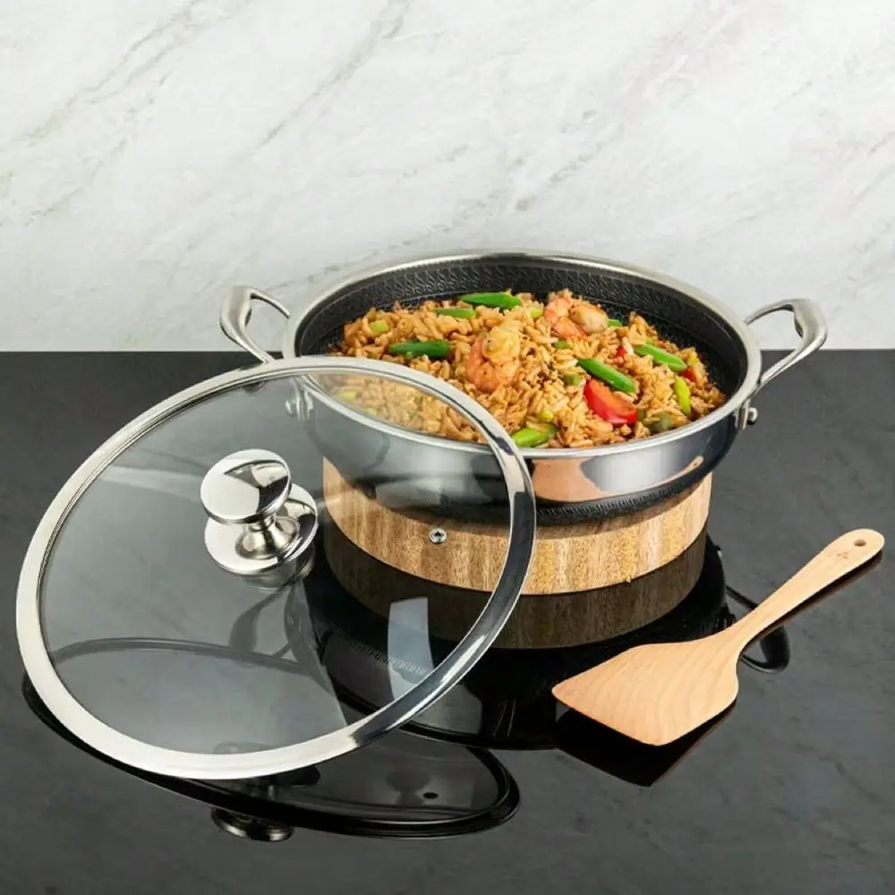 

316L Stainless Steel Frying Pan-Hex Nonstick Wok With Lid, Two Handle Hold, Dishwasher Oven Friendly, Cookware For Stir Fry/Toa