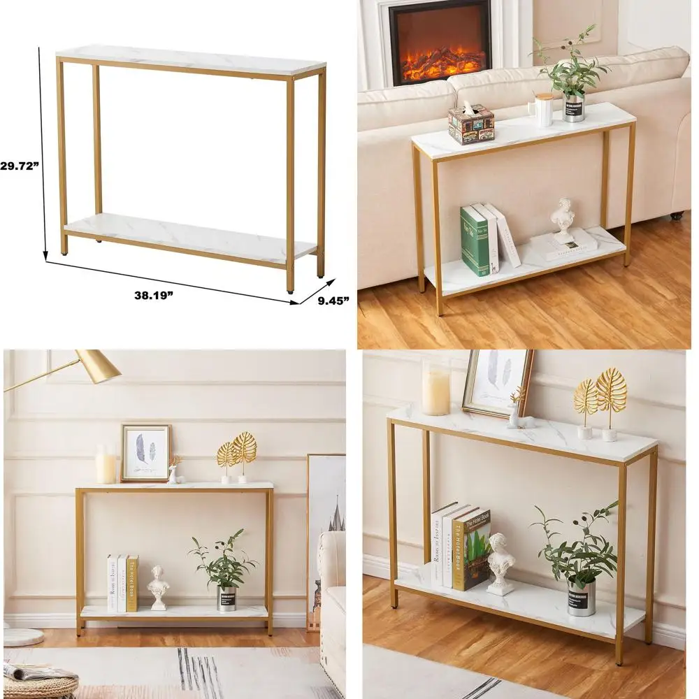 

Double-Tiered Faux Marble Console Table with Gold Frame for Entryway