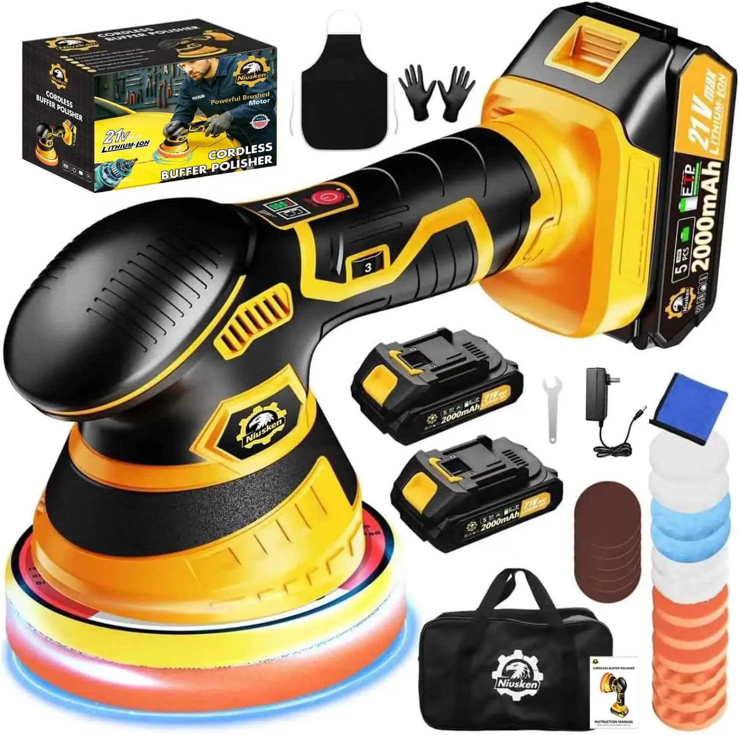 

Cordless Car Polisher Kit with 2 Batteries, 18 Attachments, 6 Speeds & LED Display for Waxing and Scratch Removal