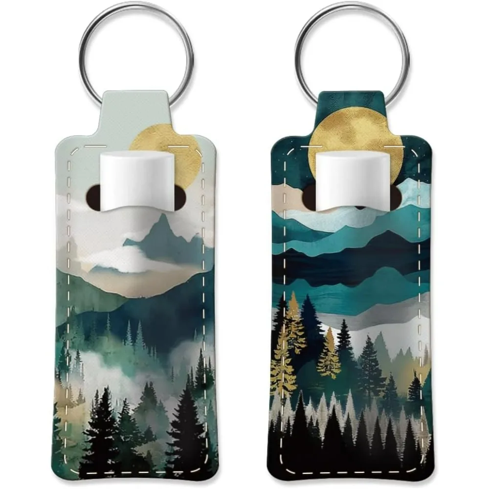 2pcs Lipstick Holder Keychain Mountain Forest Lip Balm Holders Lipstick Keychains Portable Lipstick Holder Bags Sun Moon