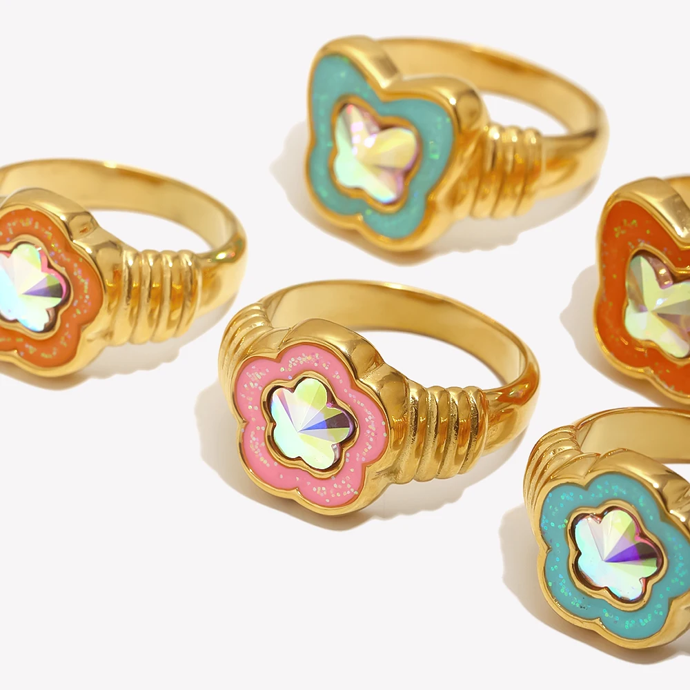 E.B.belle  Cute Girl's Stainless Steel Zirconia Stone Pink Green Orange Flower Butterfly Ring Y2K Gold Jewery Rings For Women