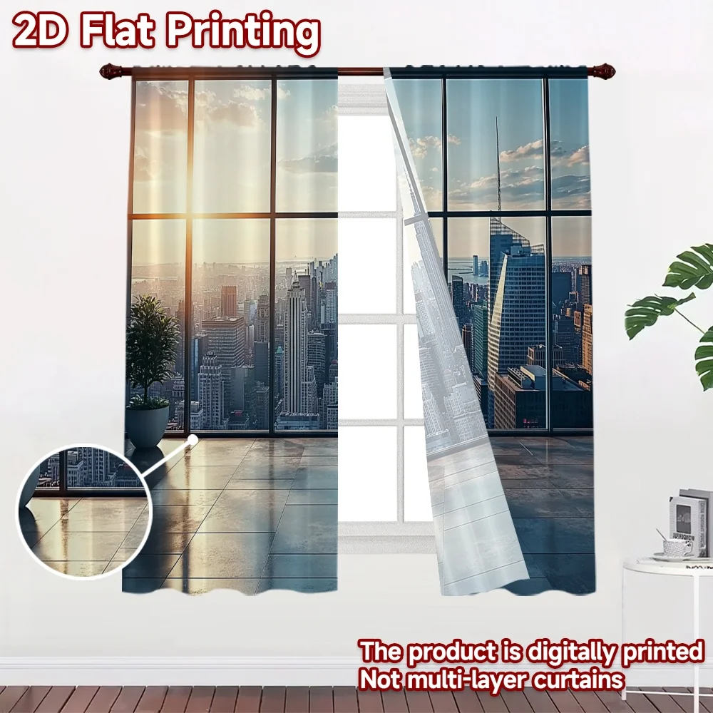 2D flat 2pcs Curtain Home Short Curtains Sunrise City Skyline View Digitally printed polyester Festive Curtains for Outdoor