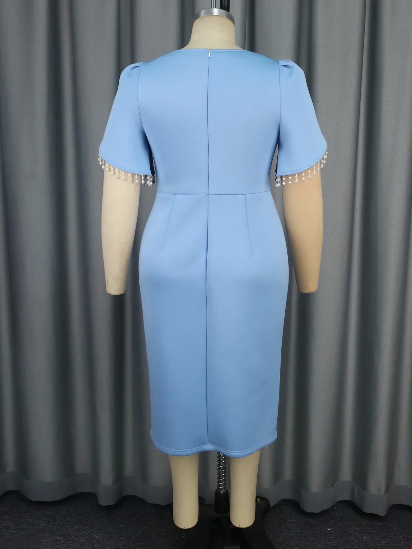 Abito da sera con nappe blu e collo quadrato, maniche corte, patchwork di perline, per abito da sposa da donna per occasioni speciali