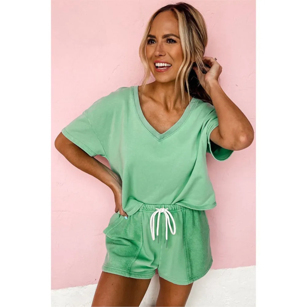 Verão nova cor sólida de manga curta t camisa shorts feminino 2 peça conjunto moda versátil solto e lisonjeiro shorts esportivos feminino