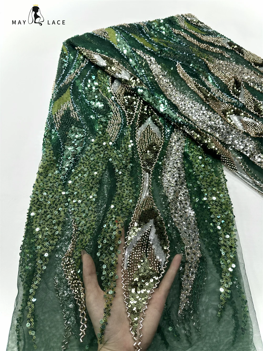 

Green African French Tulle Mesh Beaded Lace Fabric High Quality 2025 Nigerian Sequins Lace Luxury Fabric For Women Wedding Dress