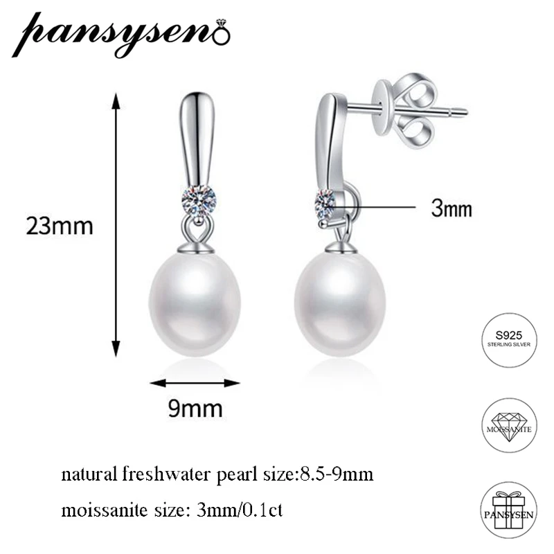 S925 Sterling Silver Natural Freshwater Pearl 3mm Moissanite Drop Earrings for Women Wedding Engagement Fine Jewelry Wholesale