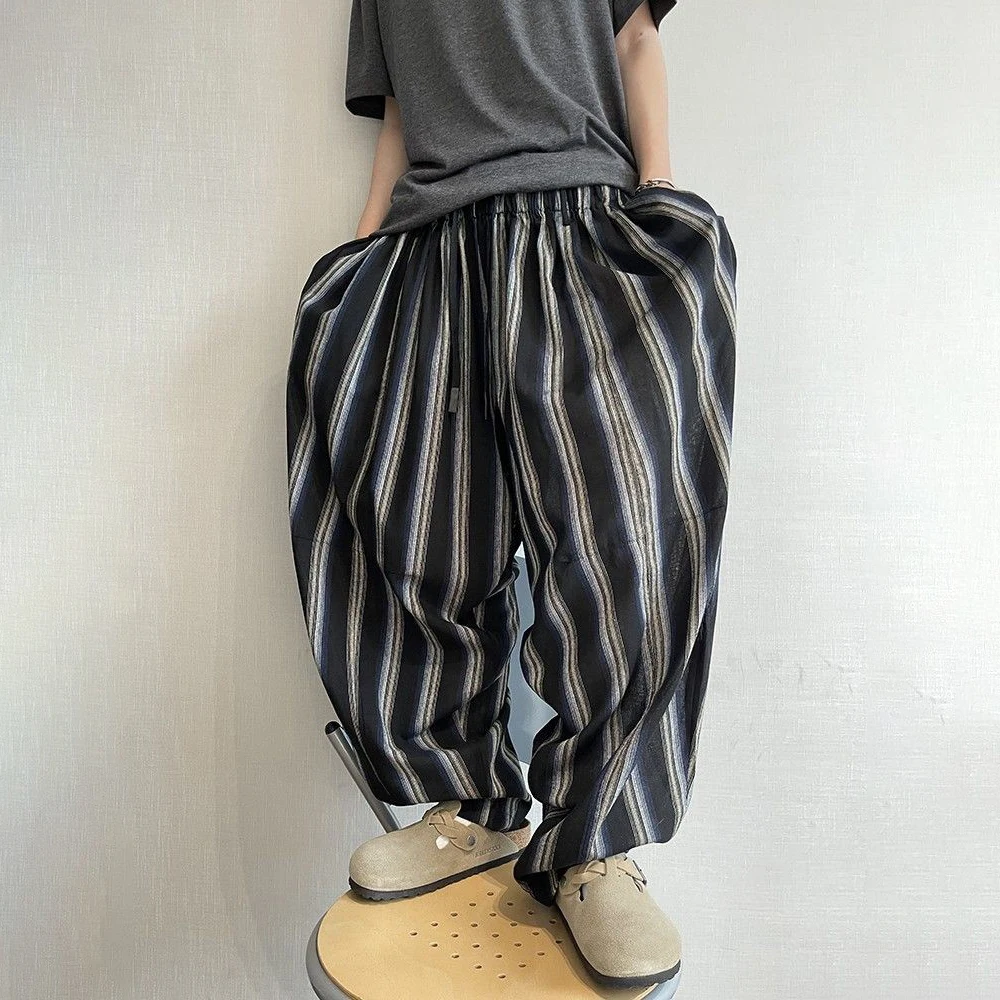 

Men's Color Matching Vertical Striped Trousers American Retro Fashion Trend Leisure Loose Breathable Niche Summer Men's Bottoms