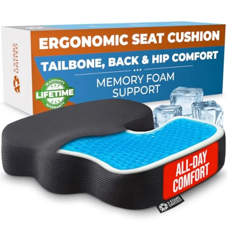 

Seat Cushion - Memory FoamandCooling Gel Chair Cushion for Tailbone Pain Relief - Ergonomic Support for Coccyx Sciatica and But
