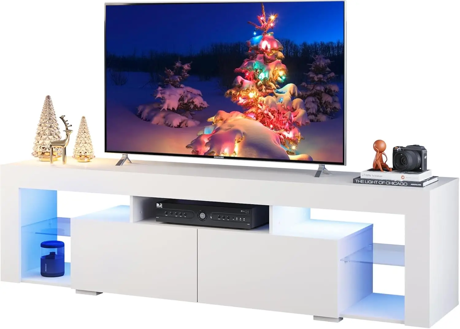 63 Inch TV Stand, LED Entertainment Center for 60 to 70 Inch TV Modern TV Console with 2 Drawers TV Stands for Living Room White