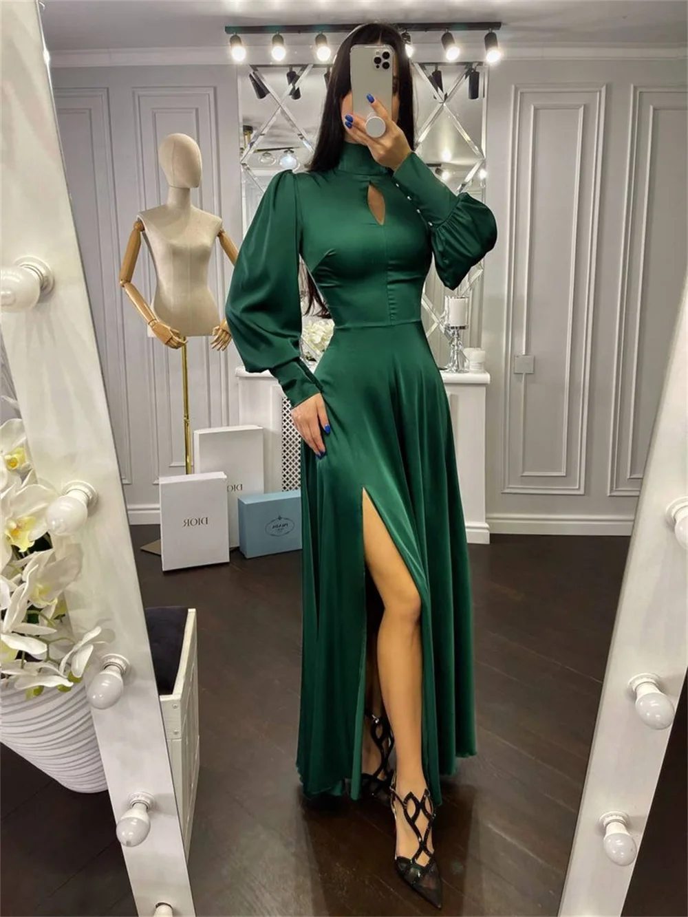 Satin Long Sleeve Prom Dresses 2023 Women's Elegant Formal Occasion Party Gowns High Split with Flounce Long Bridesmaid Dresses