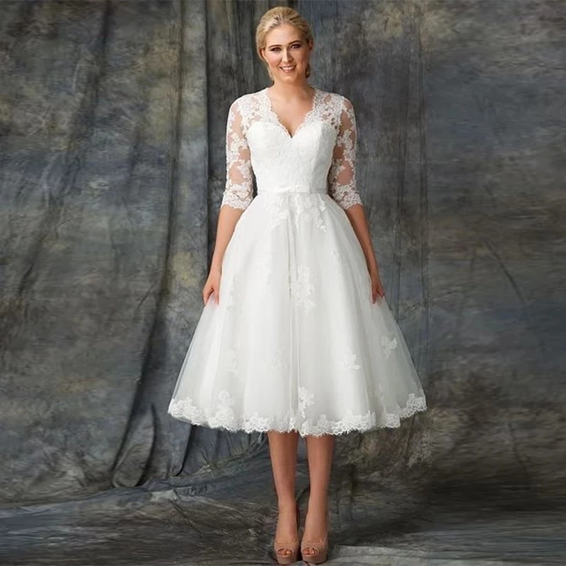 

Short Wedding Dresses A-line V-neck Half Sleeves Tulle Appliques Beach Wedding Gown Bridal Dresses Vestido De Noiva