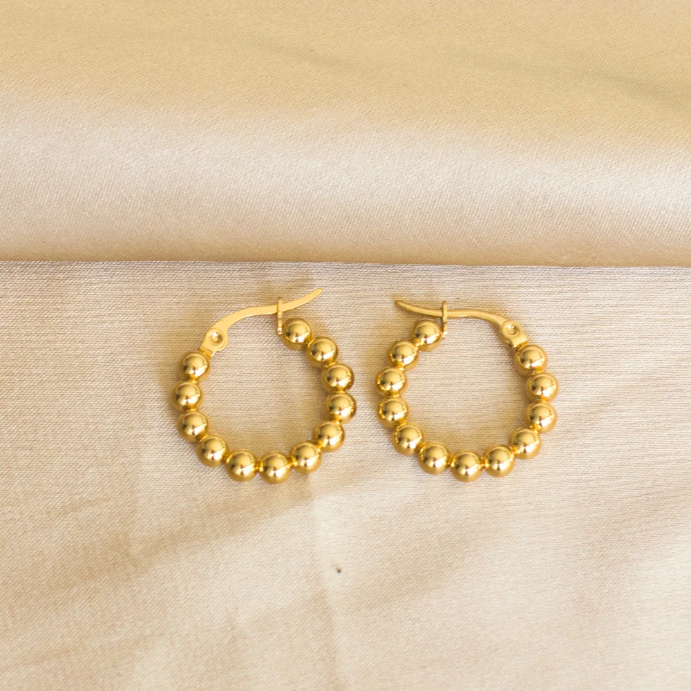 LUXUSTEEL Hyperbole Stainless Steel Beaded Hoop Earrings Women Round Circle Ear Huggie Golden Color Accessorie Aretes Christmas