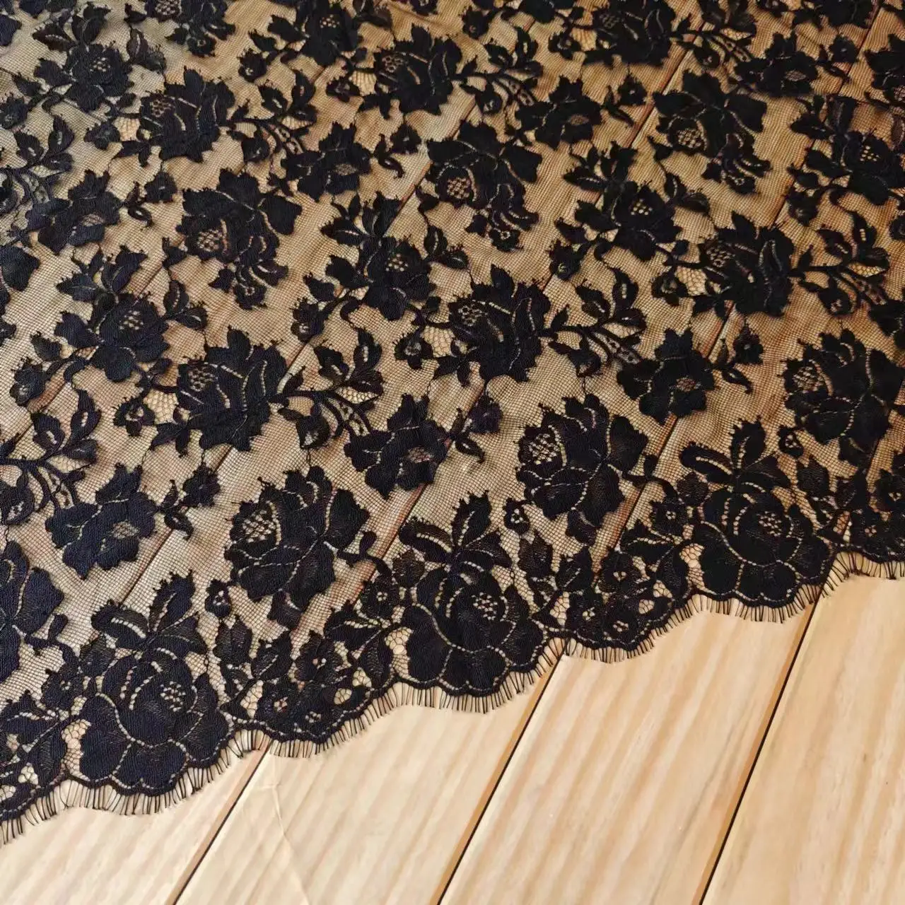 

Pure Black Color Eyelash French Lace Fabric Chantilly Lace 1.5M Wide 3M Long Costume Lace Garment Fabric Fashion Designs 2024