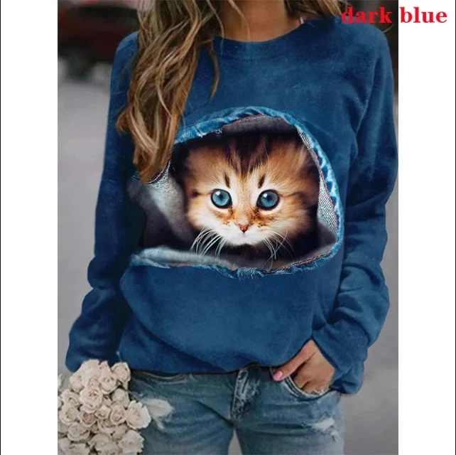 Women Spring Cutie Print Cat Shirt Casual Long sleeve Round Neck belted T-shirt shirt XS-3XL Female Top