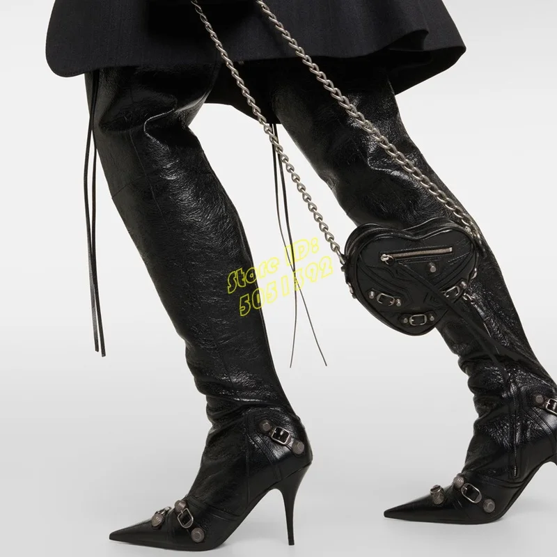 

Black Over The Knee Boots Stiletto Thin High Heel Sexy Pointy Toe Runway 2026 Winter Autumn Women Dress Shoes Rivet Handmade
