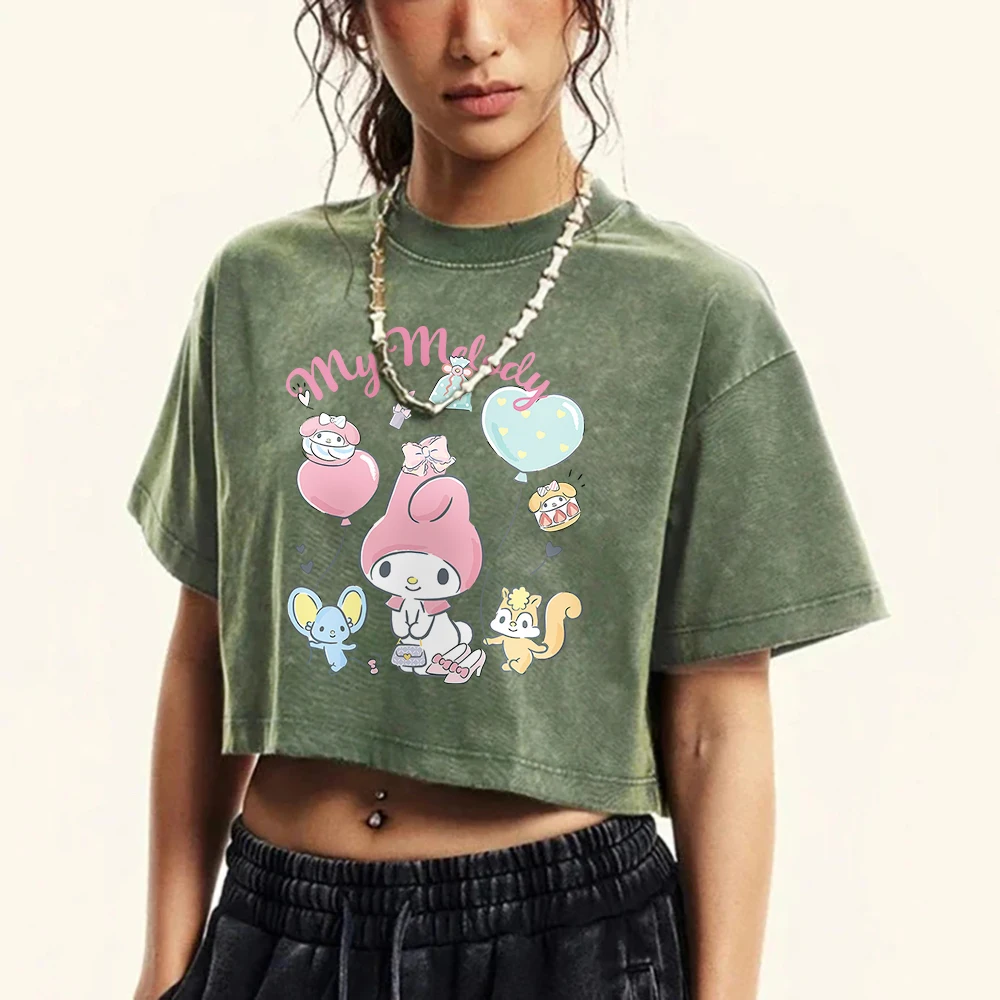 Sanrio Melody My Melody Woman T-Shirts Summer American Retro Cotton Tees Loose Short Comics Navel Exposed Crop Medium Strecth