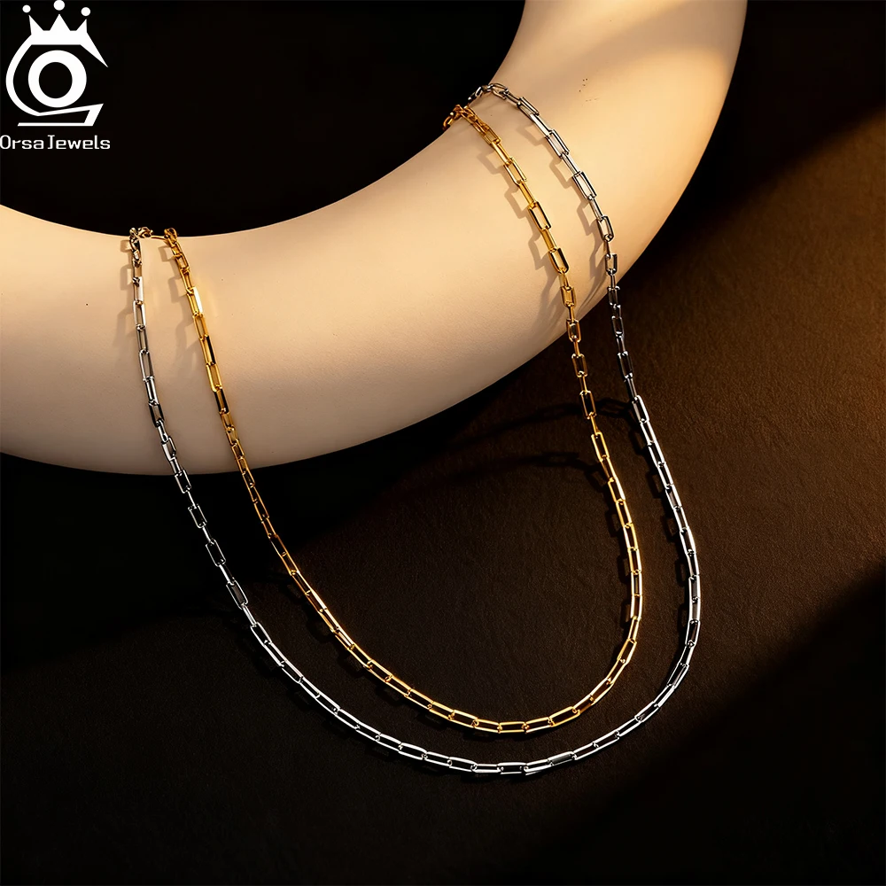 

ORSA JEWELS Soild 925 Sterling Silver Classic Paperclip Chain Necklace Dainty Paperclip Link Necklaces Fashion Collares SC83