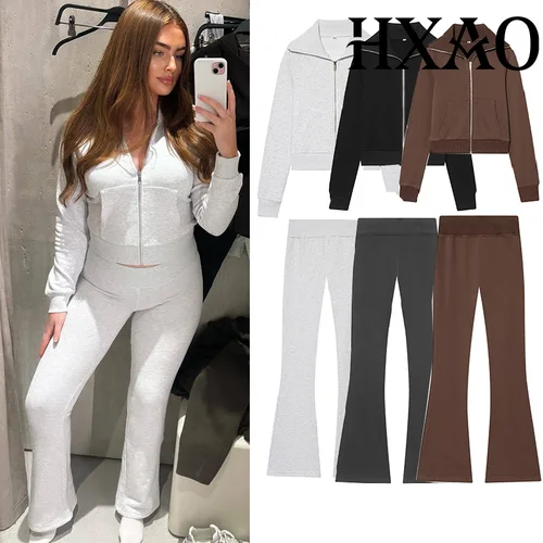 Imagen 1 del producto HXAO Trajes de mujer Conjuntos de pantalones acampanados Conjunto de 2 piezas Traje de pantalón de cintura elástica de lana Sudaderas recortadas Chaqueta Conjunto de dos piezas