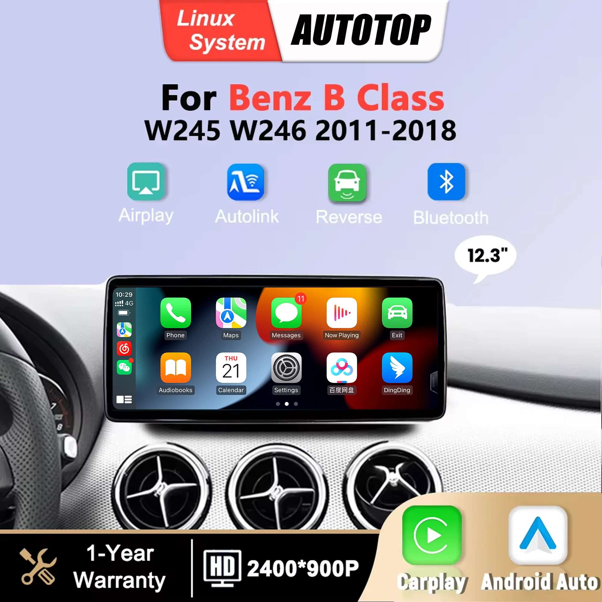 Écran multimédia Linux 2400x900P pour Mercedes Benz classe B W245 W246 2011-2018, CarPlay sans fil, Android Auto, autoradio 12.3 pouces