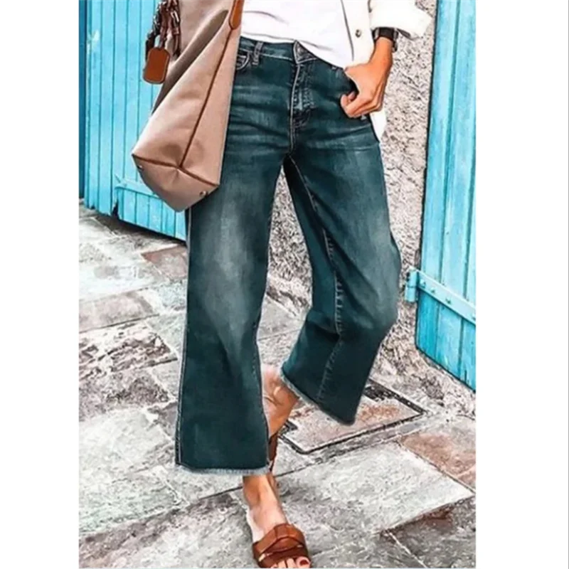 Female Flare Jeans School Girls Frayed Hem Cropped Denim Pants Plus Size Ankle-length Woman Vintage Trousers Loose 2023 Autumn