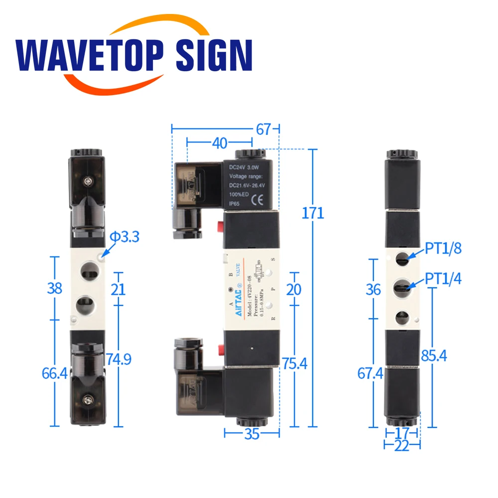 WaveTopSign AirTac 4V220-08 DC 24V Pressure 0.15~0.8MPa Pneumatic Solenoid Value For CO2 Laser Cutting Engraving Machine