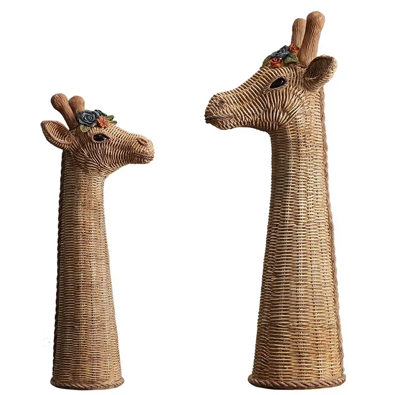 Giraffe Sculpture Simulation Animal Statue Deer Head Rattan Pattern Resin Handicraft Ornaments Giraffe Avatar Home Decoration