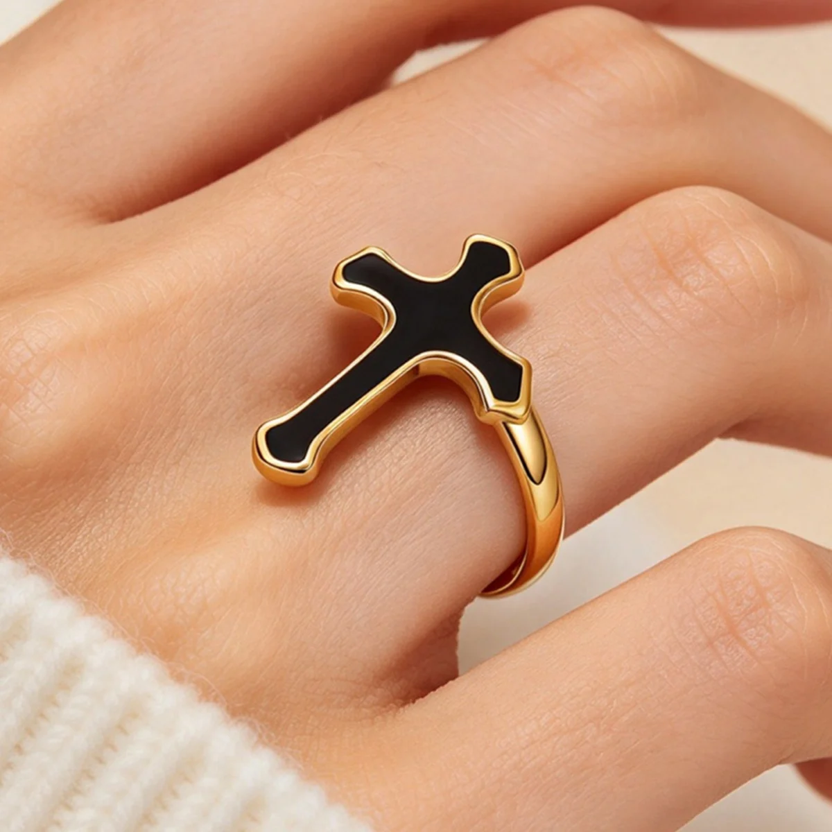 Trendy Cross Rings for Women Gold Color Stainless Steel Waterproof Black Enamel Crossed Finger Ring Party Jewelry Anillos Mujer