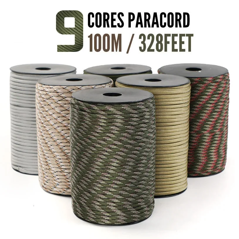 9 الأساسية 650lb Paracord 100 متر Dia.4mm العسكرية القياسية المظلة حبل خيمة الحبل اكسسوارات ل بقاء سوار DIY بها بنفسك صنع