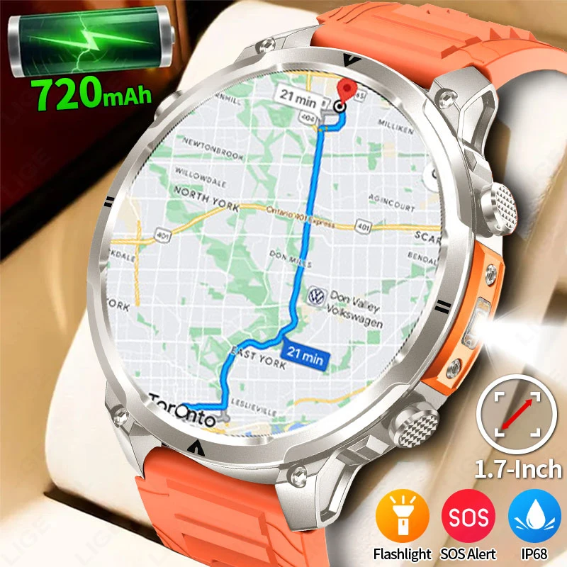 

LIGE 2026 New Outdoor Sport Men's Smart Watch GPS Trackr 5ATM Flashlight 1.7" AMOLED Screen Bluetooth Call Fitness Smart Watches
