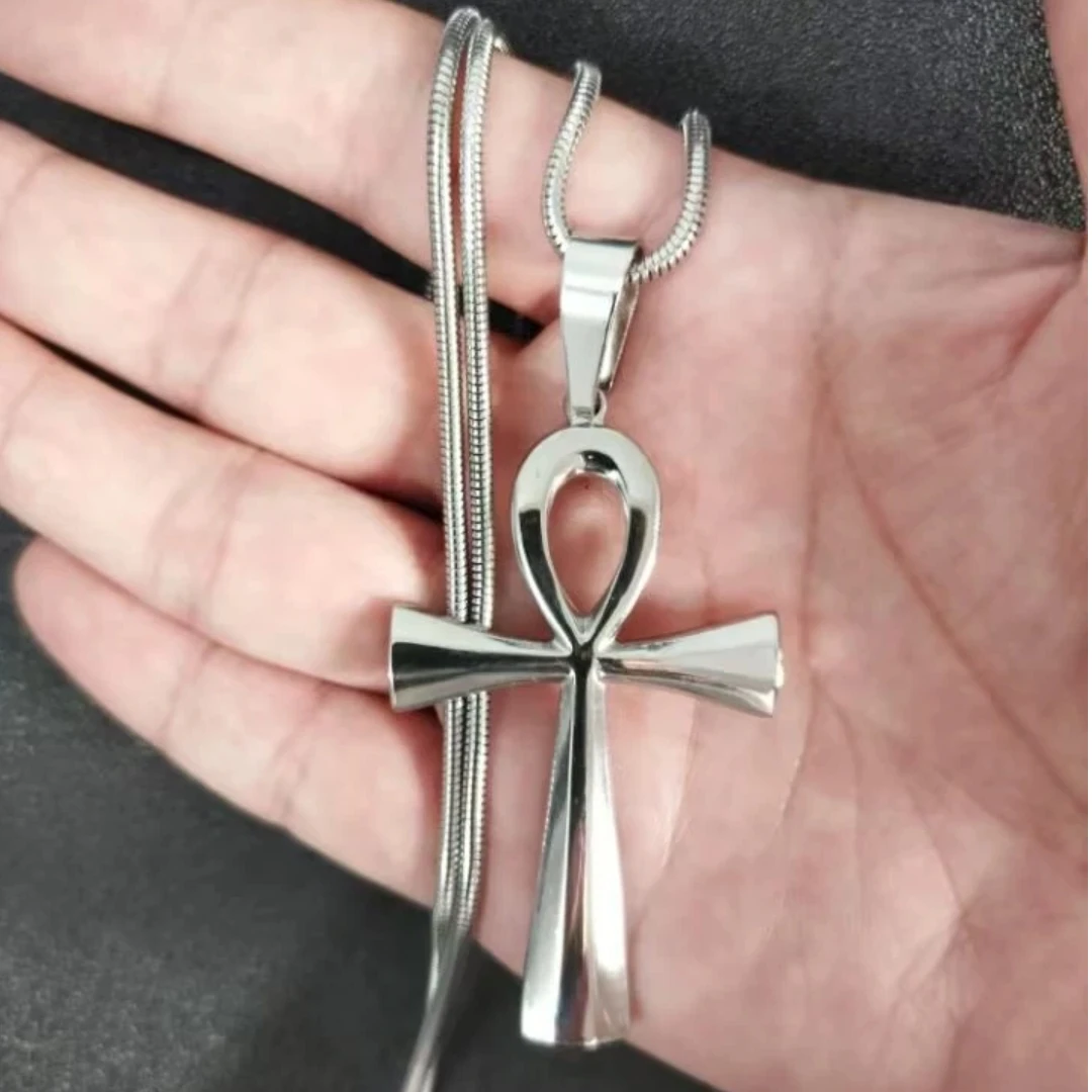 Collar con colgante de cruz y Ankh, Llave de la Vida, para hombre y mujer, de acero inoxidable color plata, amuleto africano, llave del Nilo egipcio, gargantilla con cadena de serpiente