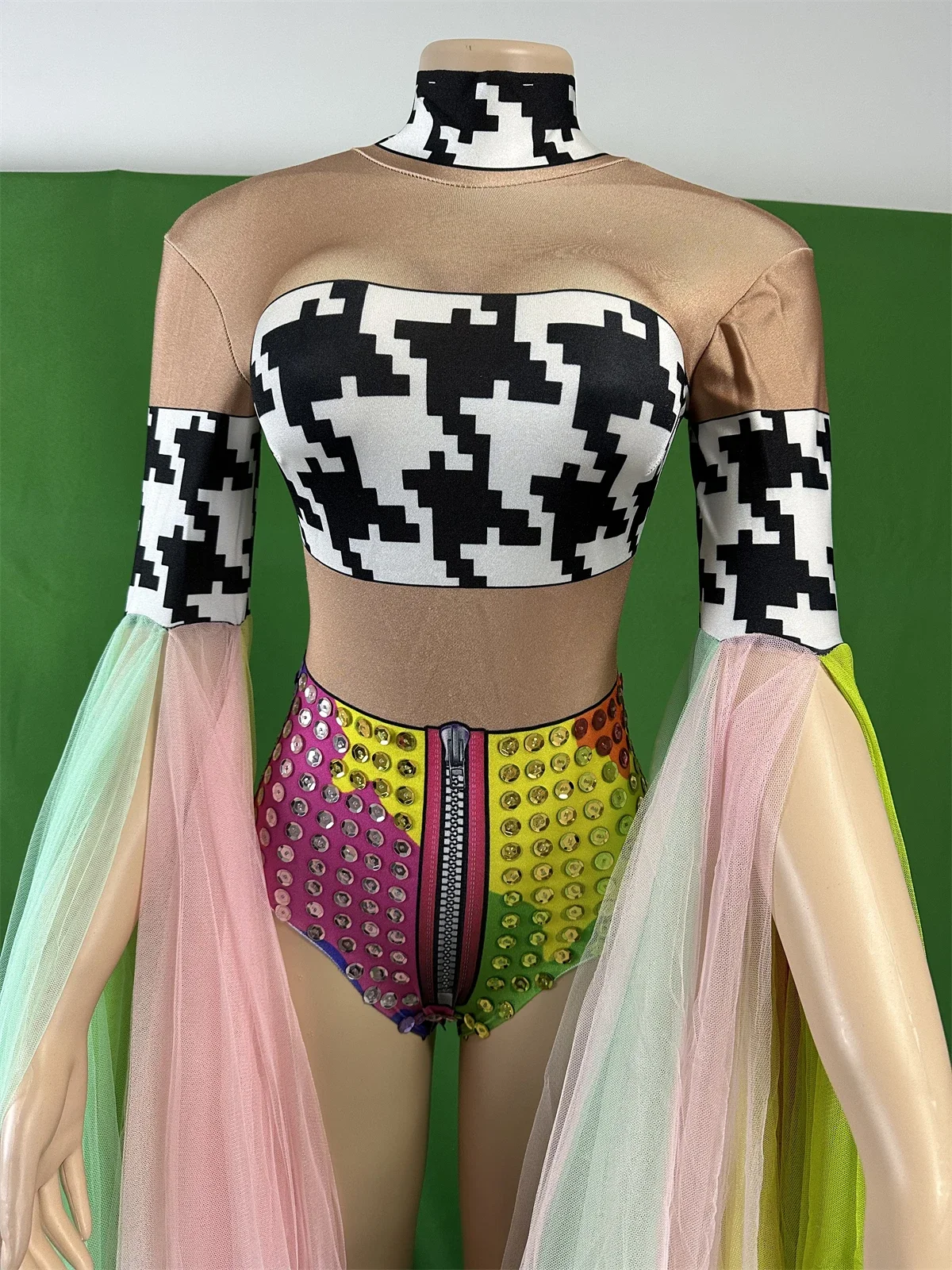 

Women Ruffle Mesh Stretch Spandex Rave Festival Carnival Show Girl Stage Bodysuits 2025new Mardi Gras Celebrate Club Leotard