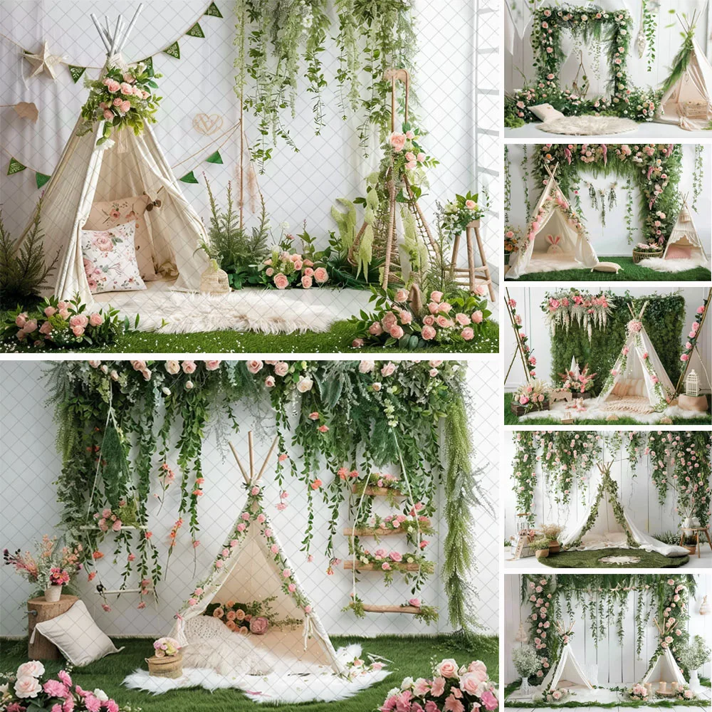 

Spring Photography Backdrops Green Grass Pink Floral Tent Decor Kids Birthday Cake Smash Background Photo Studio Photocall Props