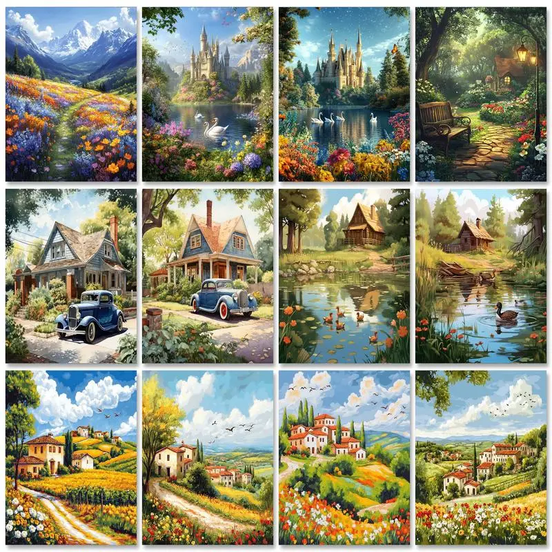 

RUOPOTY Diy Painting By Numbers For Adults Village Landscape Kits Handmade Diy Ideas Gift For Home Decors 60x75cm