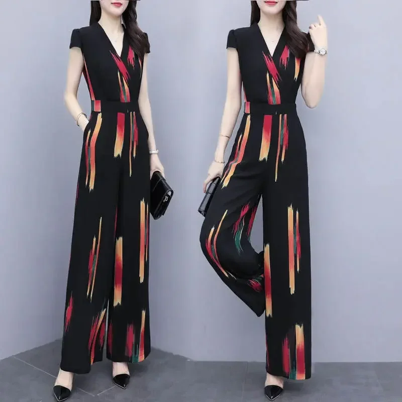 Women Elegance Chiffon Outfits Party Rompers 2025 Summer White Jumpsuit Printing Fashion Wide Leg Pant Ladies Sleeveless Casual