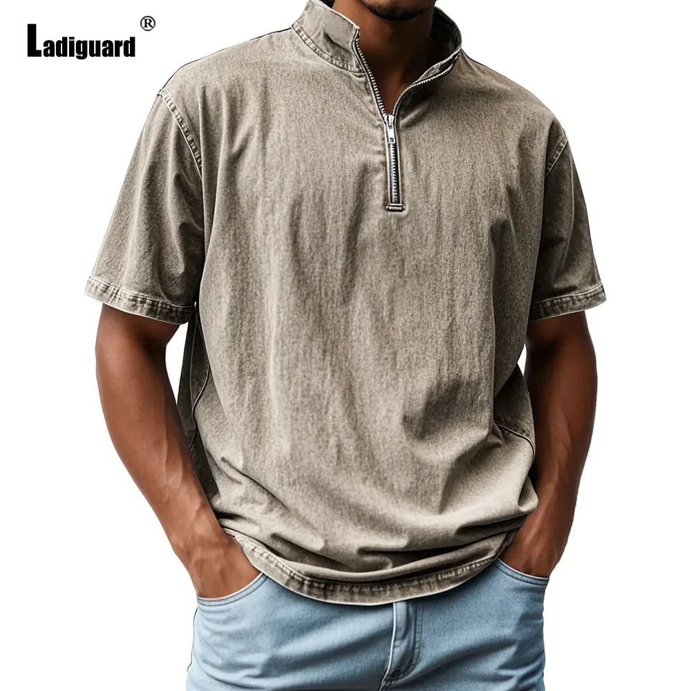 2025 Europe Fashion Zipper Fly Tops Men Short Sleeve Board T-shirt Solid Khaki Basic Vest Mens Casual Beach Shirts Pullovers New