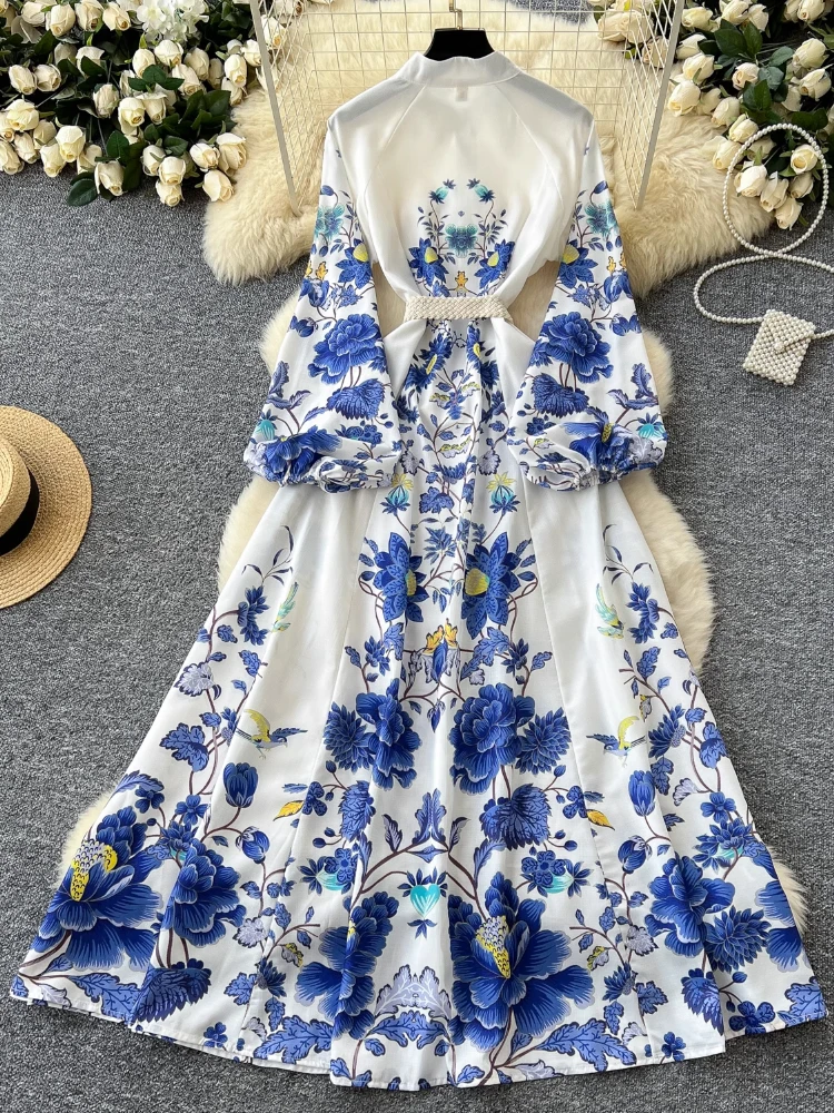 Abito da sera elegante palazzo vintage francese da donna con bottoni allacciati stampa abito da festa lungo femminile casual chic abbigliamento da festival nuovo