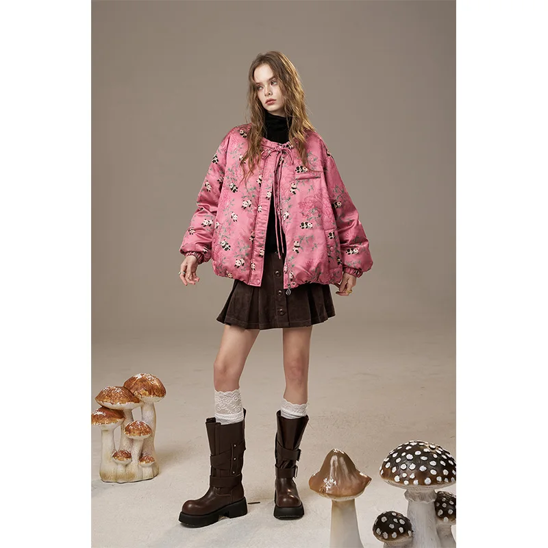 ELFSACK 2025 Winter Nieuwkomers Casual Vintage Panda Bamboe Print Chinese Stijl Donsjack Voor Vrouw