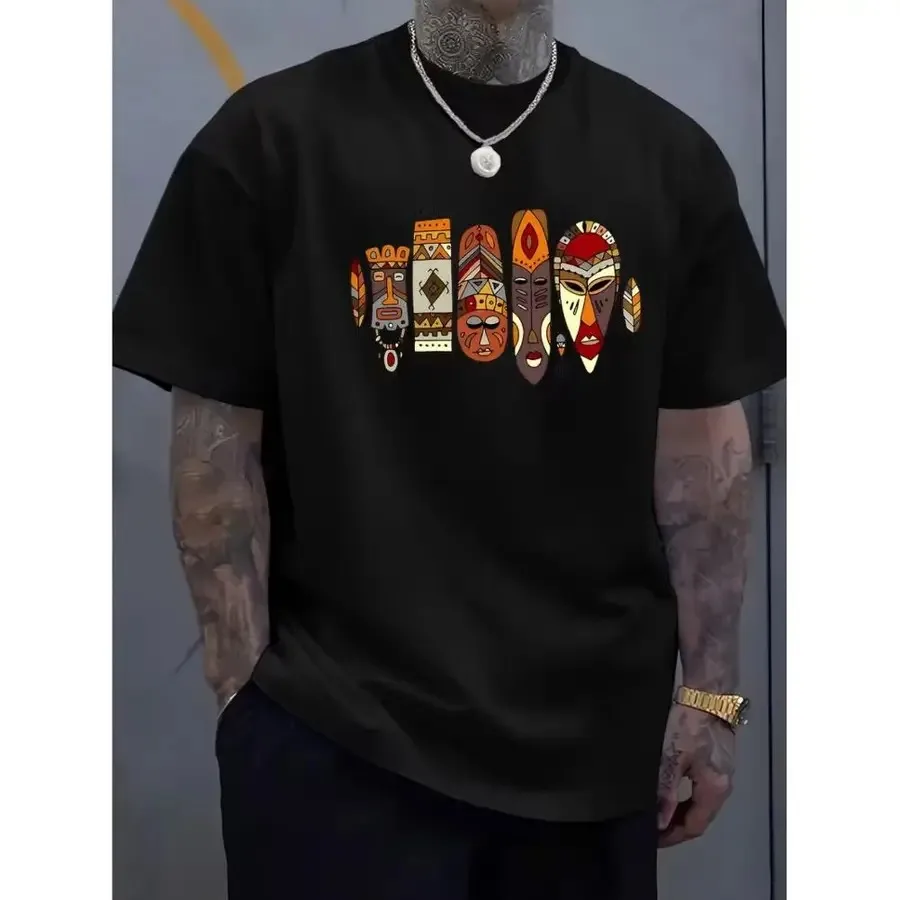 【New style】A Men'S T-Shirt Featuring an African Tribal Mask Print - Made of 100% Soft with a Ribbed Neckline This Lightweight S