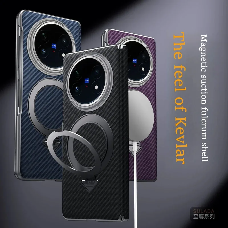 

For VIVO X Fold 5 Case Center Shaft Protection with Magnetic Bracket Carbon Fiber Textured Eco-friendly Leather Case